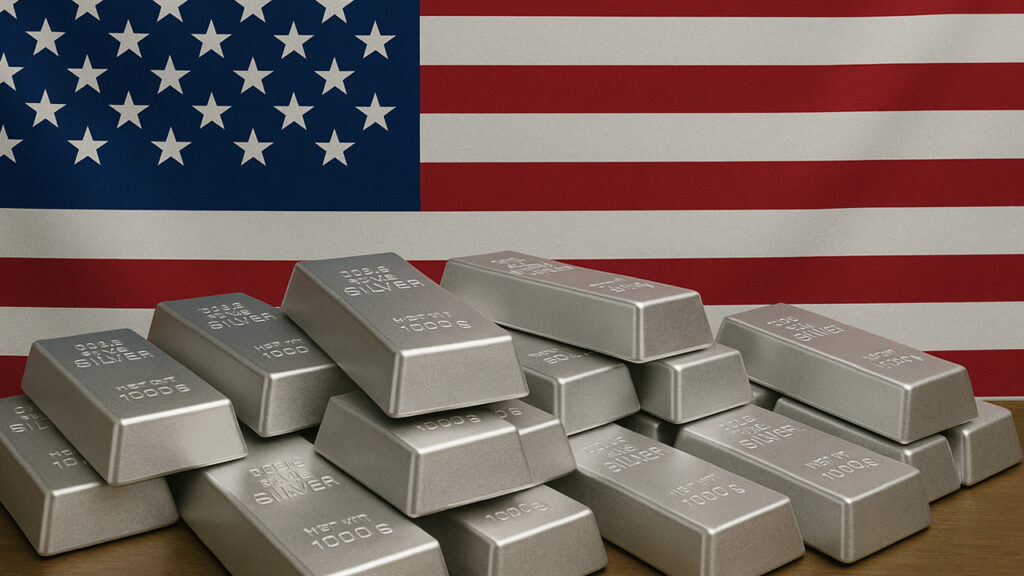usa flag behind silver bullion bars